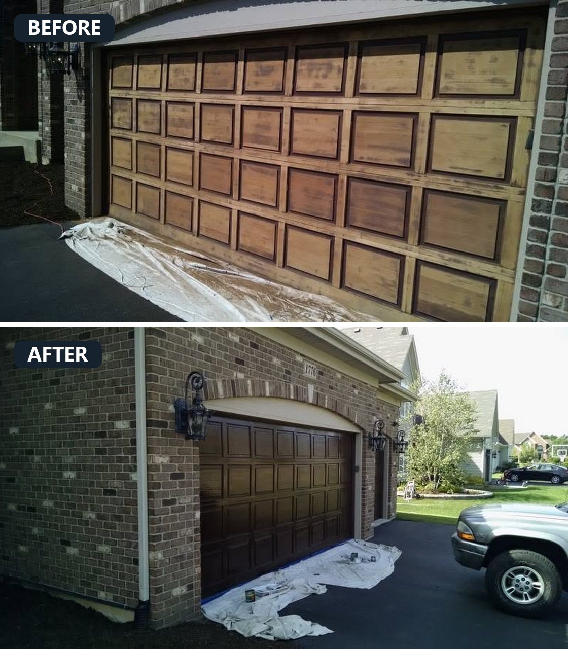 Before and after: wood garage door restored and refinished by MasterCoat