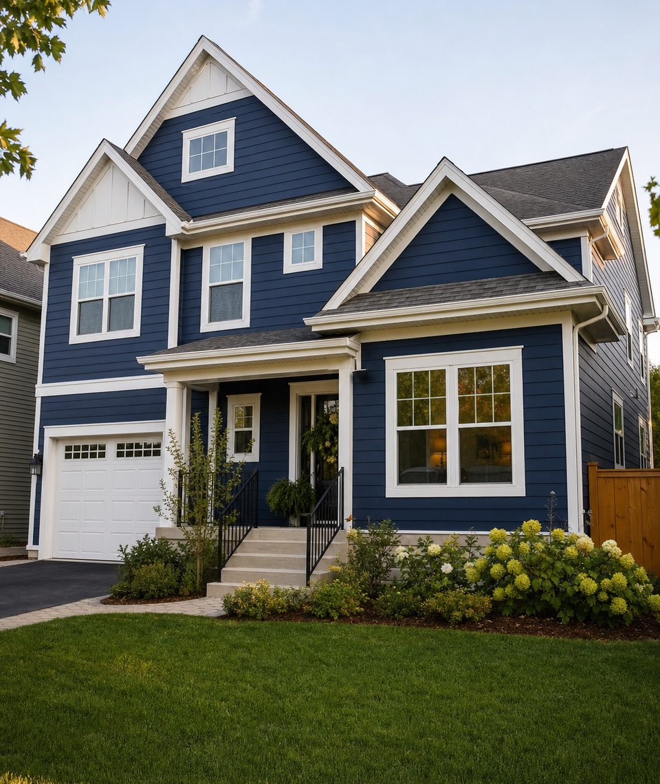 Two-story home freshly painted in deep navy with white trim